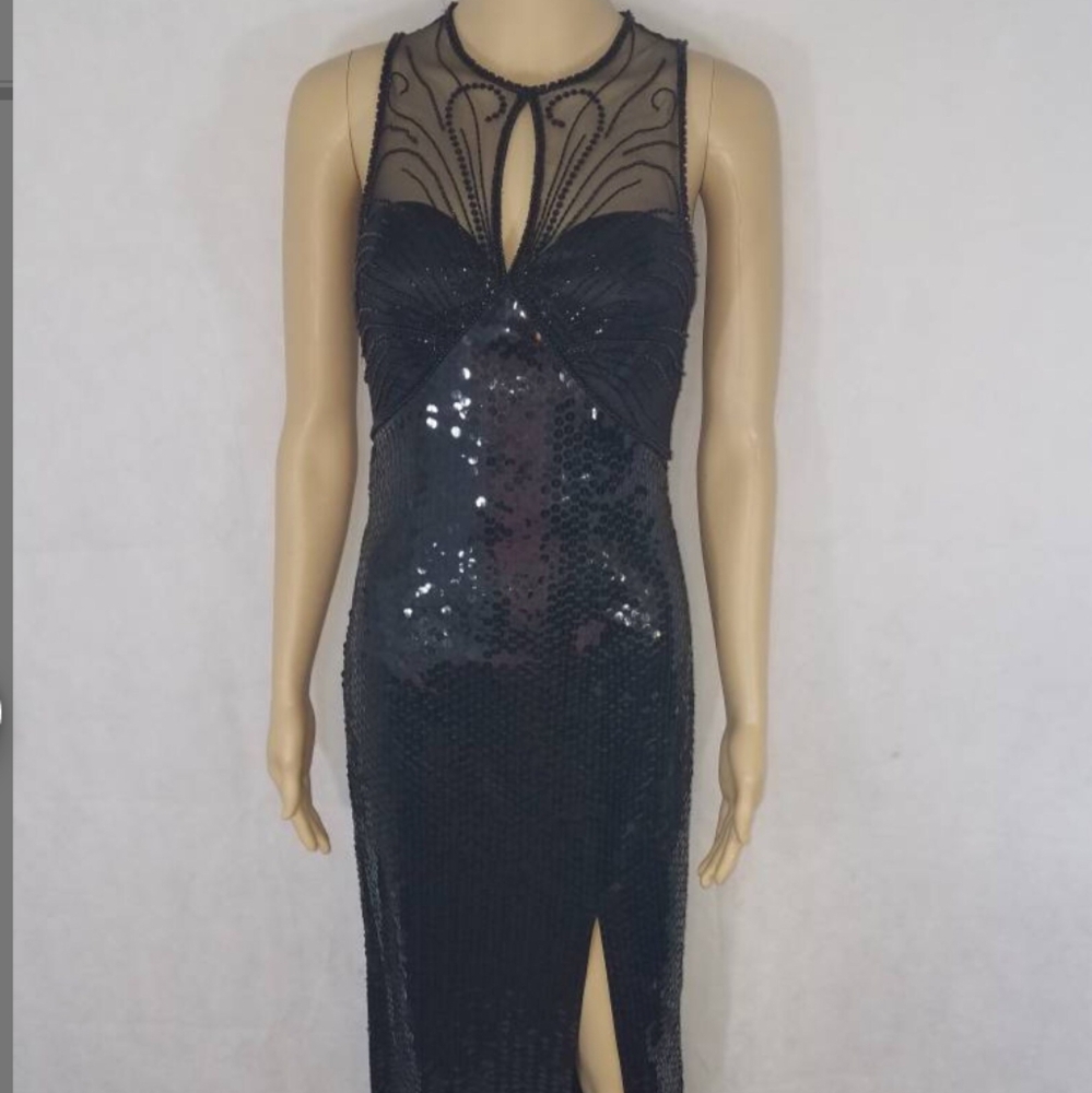 RARE NITELINE Della Roufogali Black Beaded Sequin Maxi/Midi Dress Vintage Size 4 - Picture 2 of 16